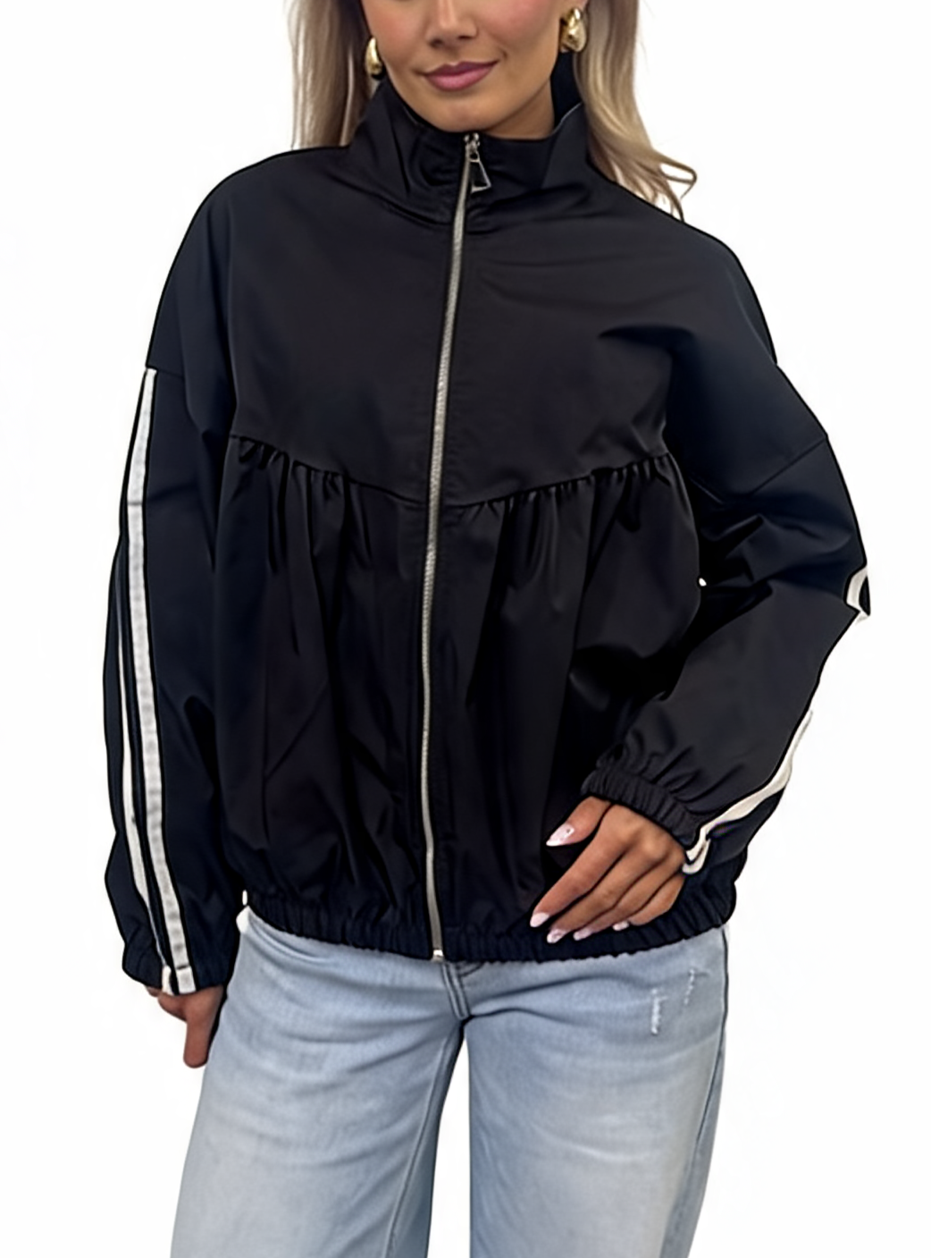 Oversized Gathered Zip-Up Lightweight Funnel Neck Track Jacket with Side Stripe