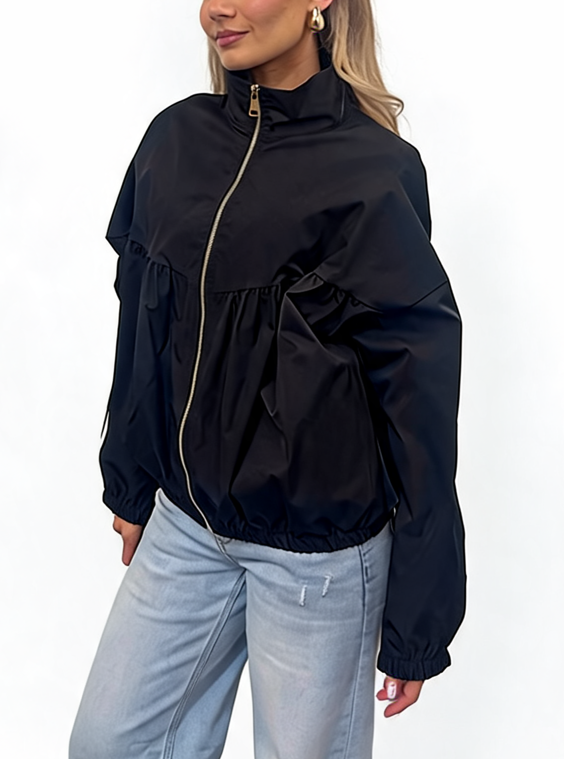 Oversized Gathered Zip-Up Lightweight Funnel Neck Track Jacket with Side Stripe