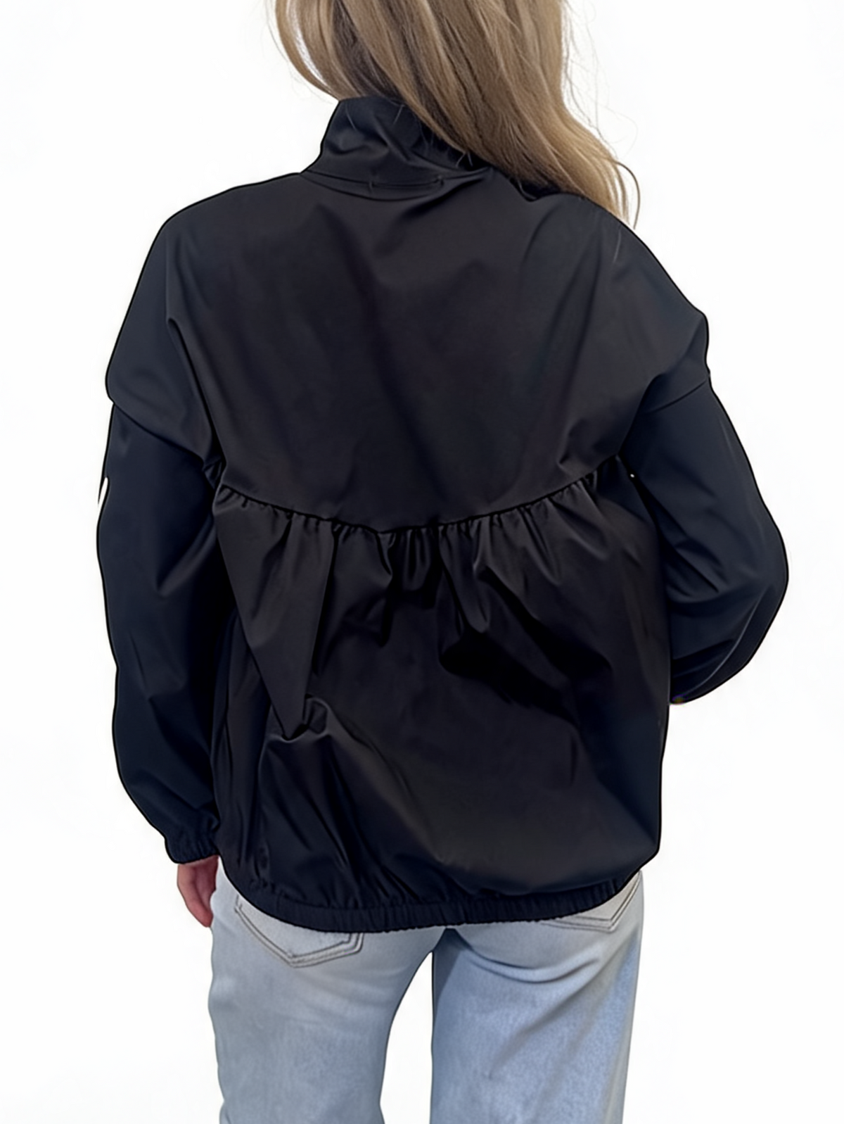 Oversized Gathered Zip-Up Lightweight Funnel Neck Track Jacket with Side Stripe