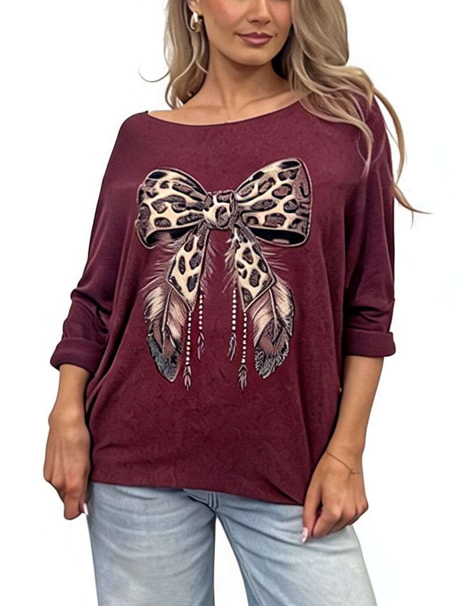 Leopard Print Bow Graphic Relaxed Batwing Sleeve Tee with Feather and Bead Detail