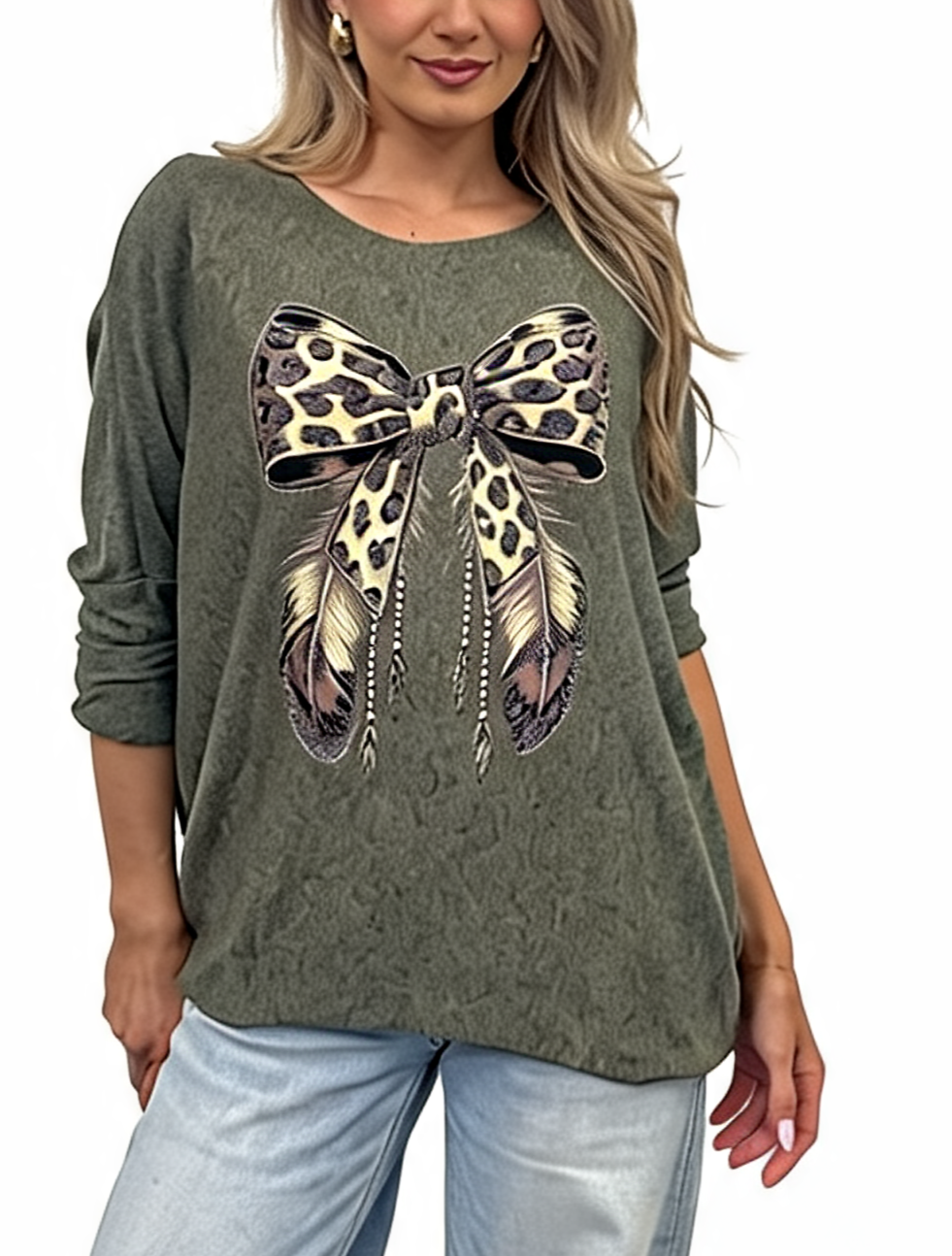 Leopard Print Bow Graphic Relaxed Batwing Sleeve Tee with Feather and Bead Detail