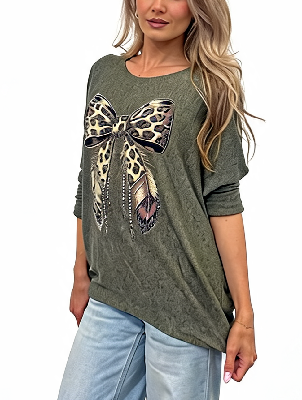 Leopard Print Bow Graphic Relaxed Batwing Sleeve Tee with Feather and Bead Detail