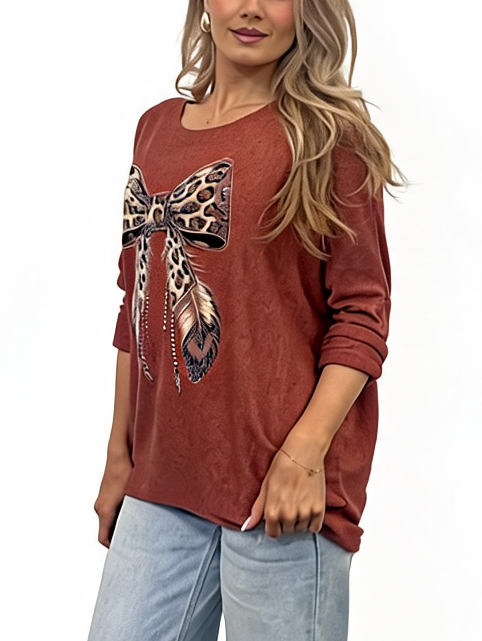 Leopard Print Bow Graphic Relaxed Batwing Sleeve Tee with Feather and Bead Detail