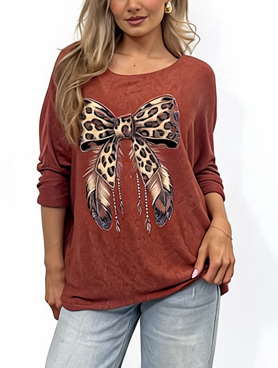 Leopard Print Bow Graphic Relaxed Batwing Sleeve Tee with Feather and Bead Detail