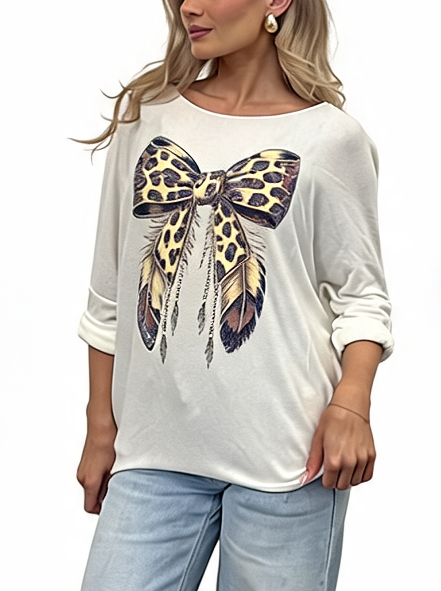 Leopard Print Bow Graphic Relaxed Batwing Sleeve Tee with Feather and Bead Detail
