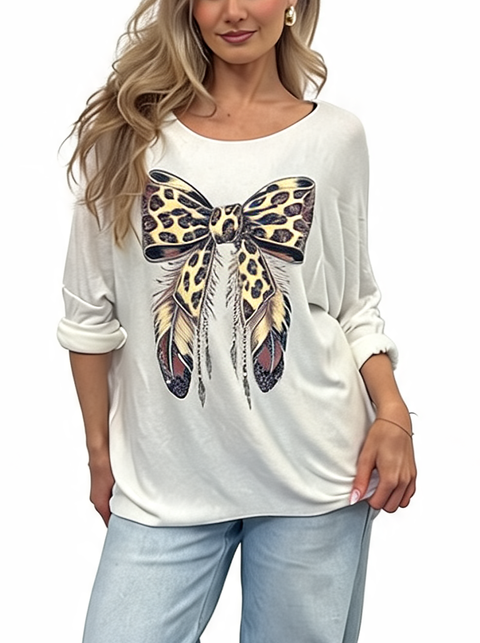 Leopard Print Bow Graphic Relaxed Batwing Sleeve Tee with Feather and Bead Detail
