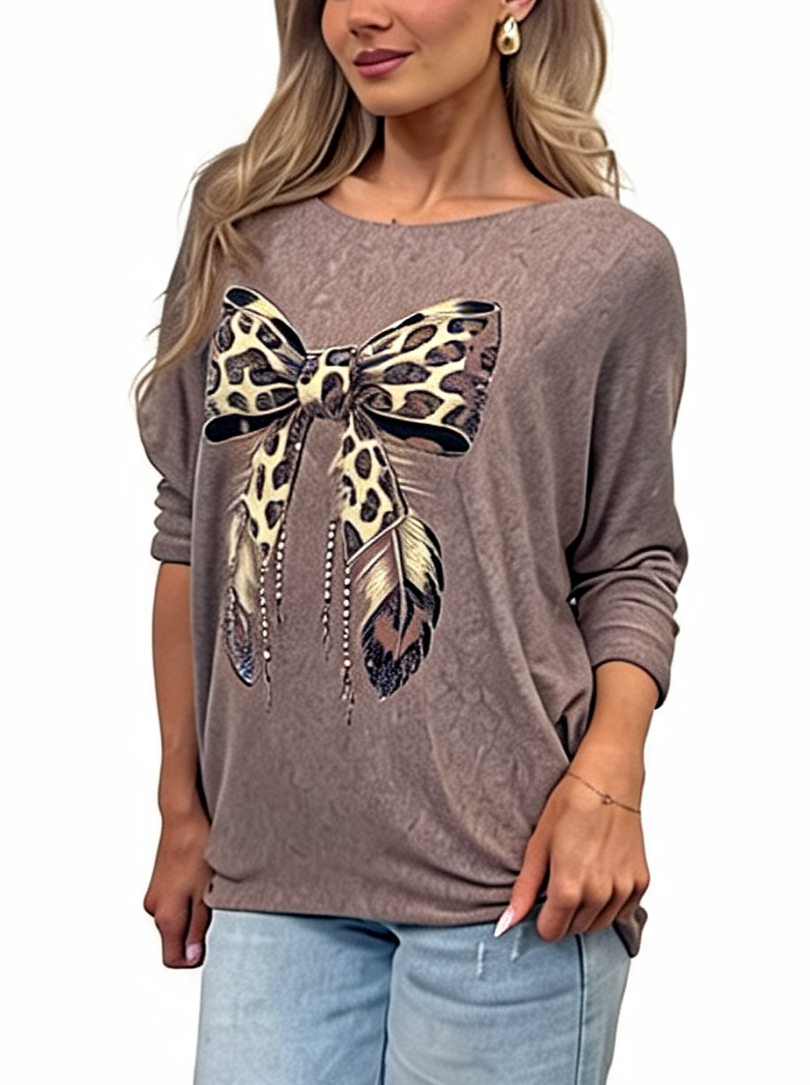 Leopard Print Bow Graphic Relaxed Batwing Sleeve Tee with Feather and Bead Detail