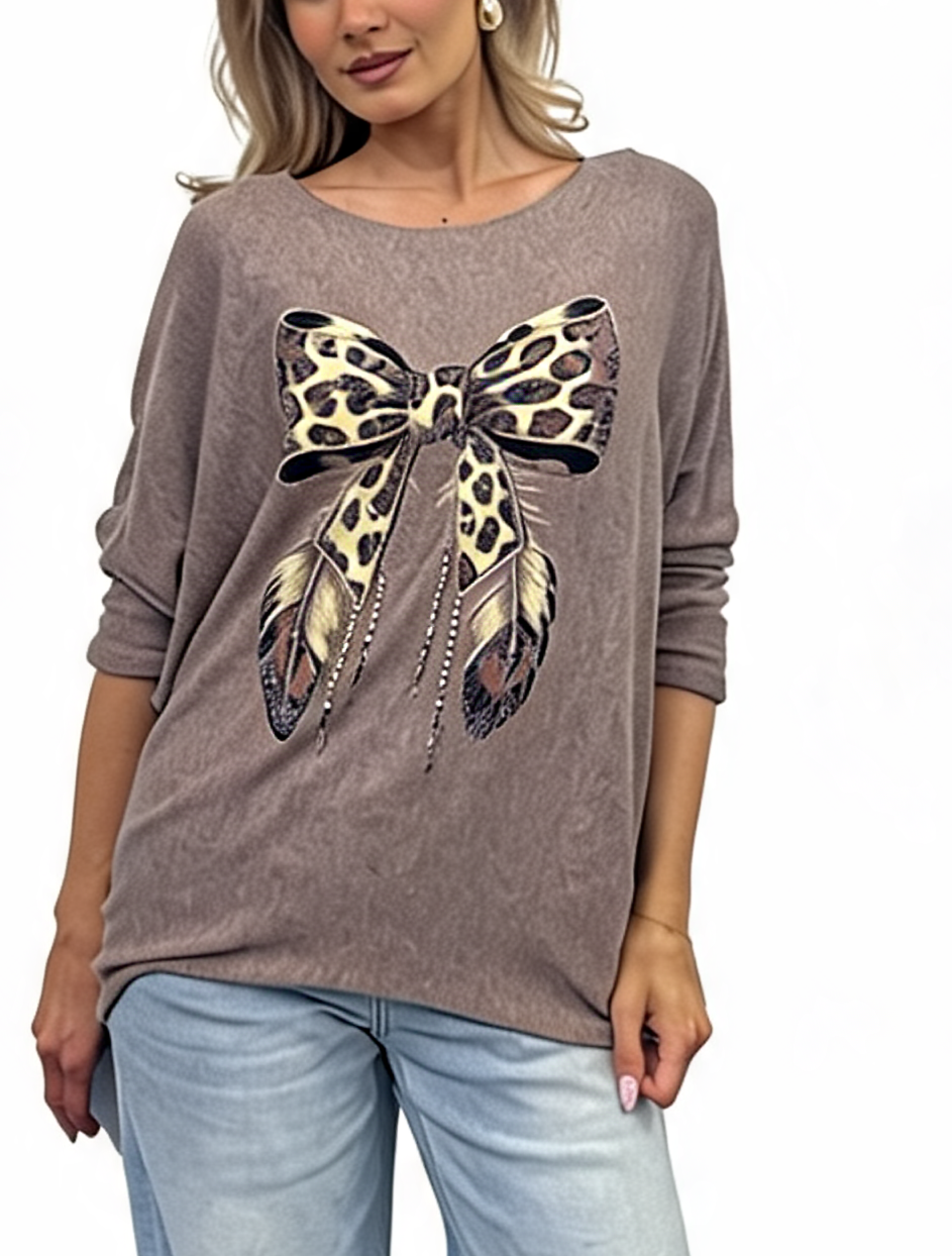 Leopard Print Bow Graphic Relaxed Batwing Sleeve Tee with Feather and Bead Detail