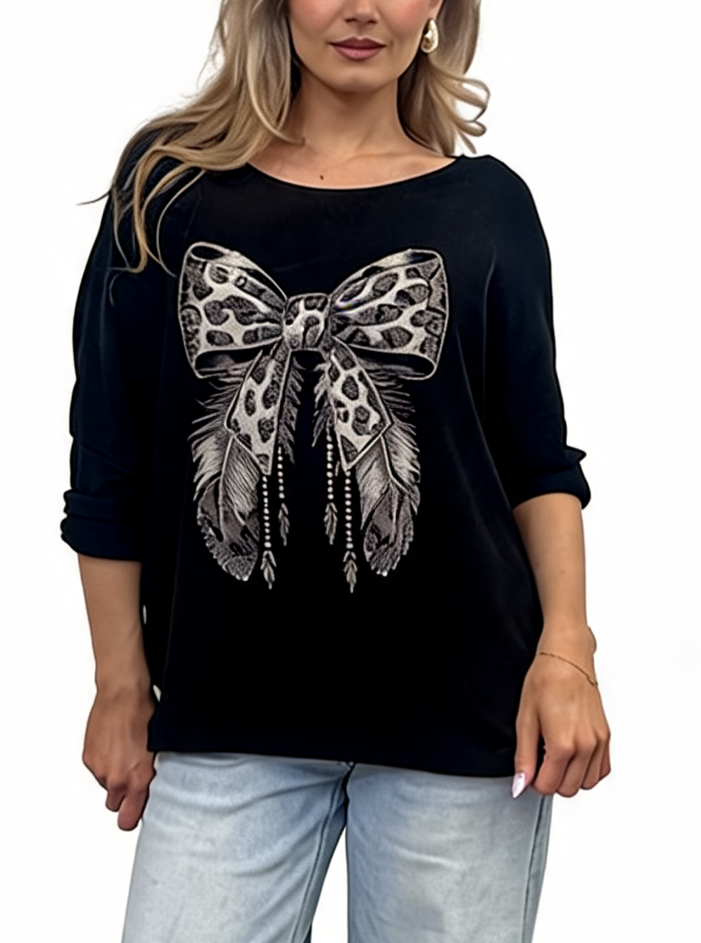 Leopard Print Bow Graphic Relaxed Batwing Sleeve Tee with Feather and Bead Detail