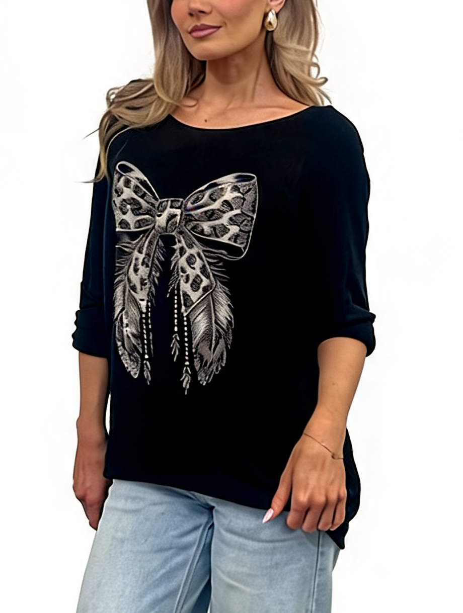 Leopard Print Bow Graphic Relaxed Batwing Sleeve Tee with Feather and Bead Detail