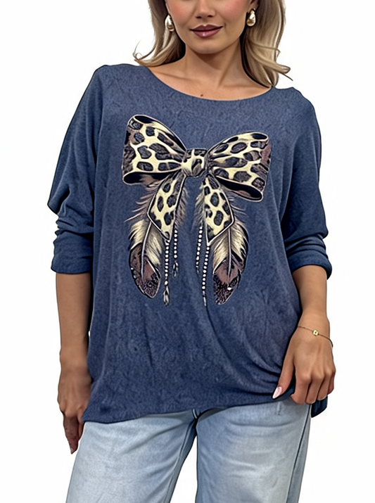 Leopard Print Bow Graphic Relaxed Batwing Sleeve Tee with Feather and Bead Detail