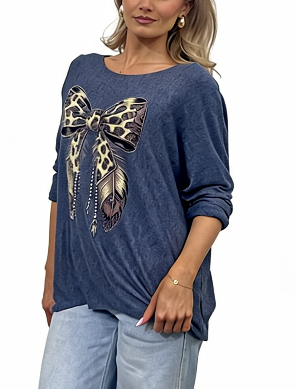 Leopard Print Bow Graphic Relaxed Batwing Sleeve Tee with Feather and Bead Detail