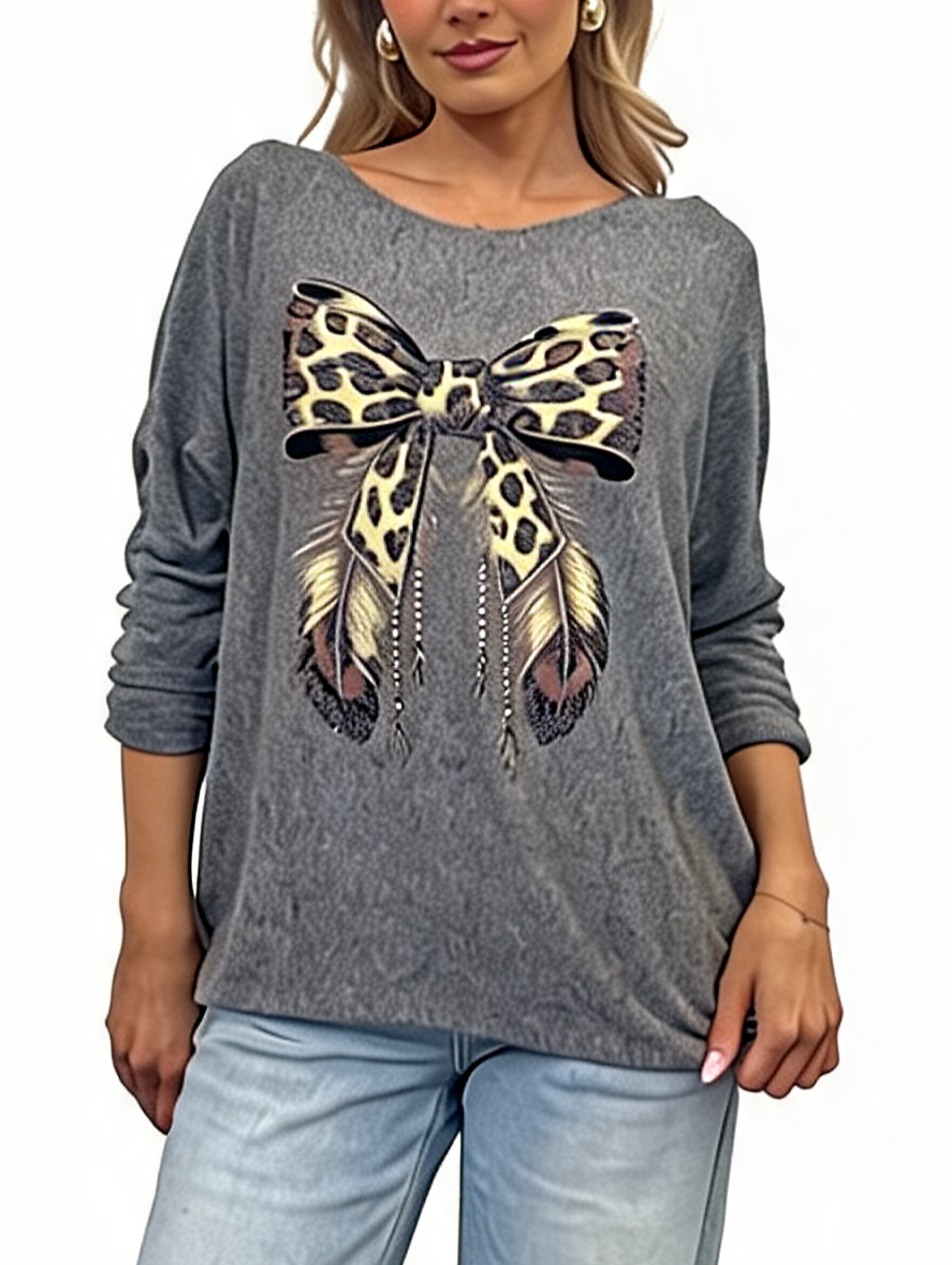 Leopard Print Bow Graphic Relaxed Batwing Sleeve Tee with Feather and Bead Detail