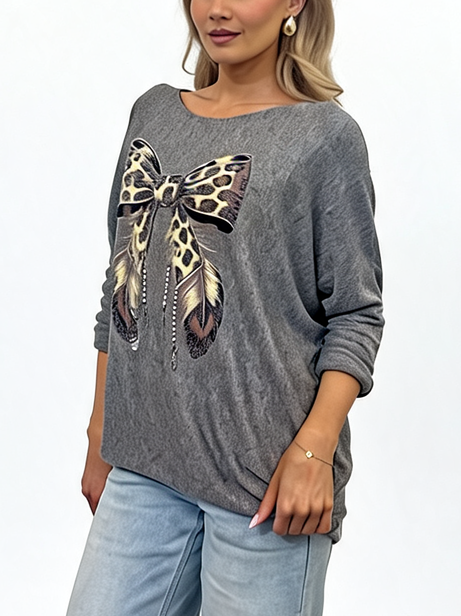 Leopard Print Bow Graphic Relaxed Batwing Sleeve Tee with Feather and Bead Detail