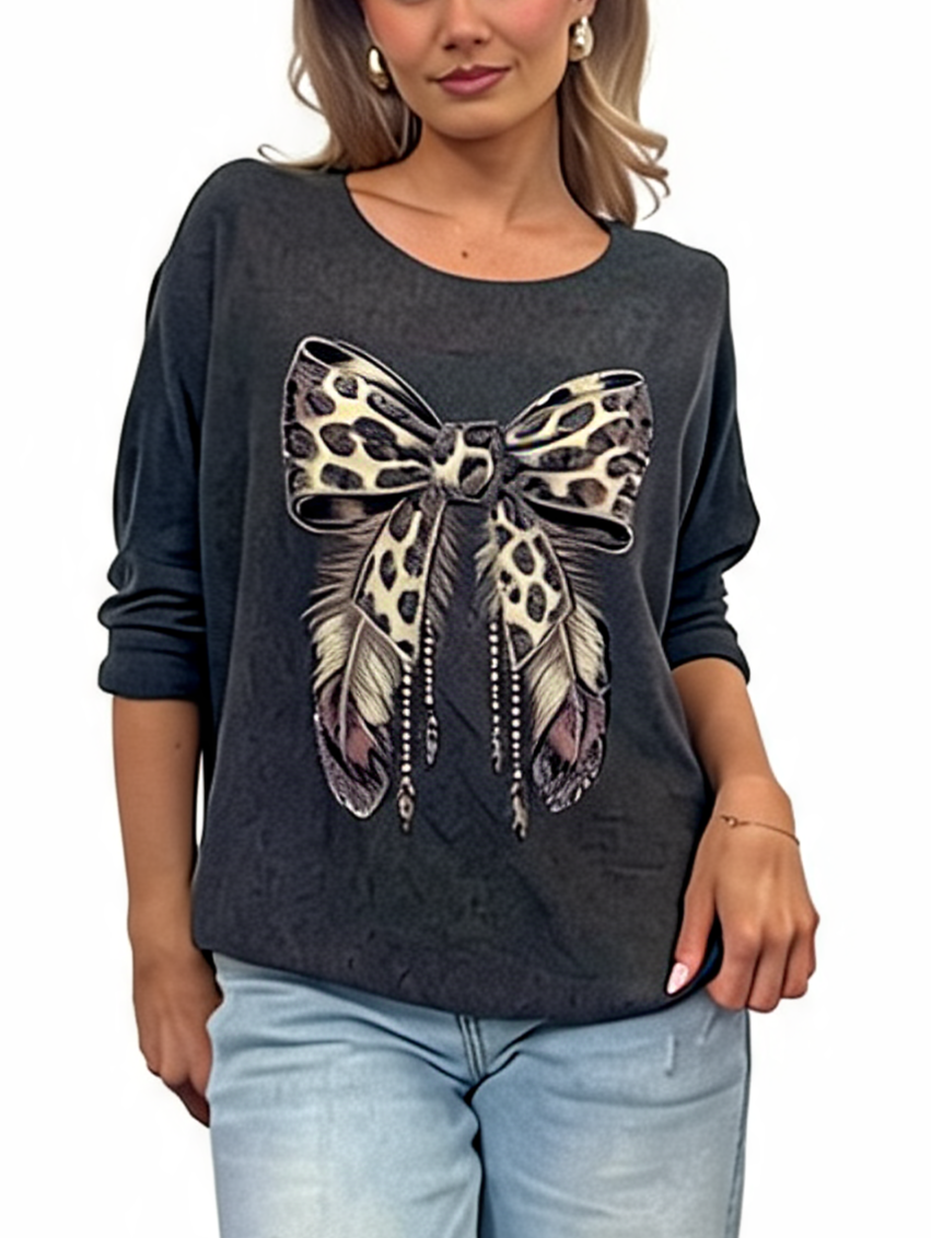 Leopard Print Bow Graphic Relaxed Batwing Sleeve Tee with Feather and Bead Detail