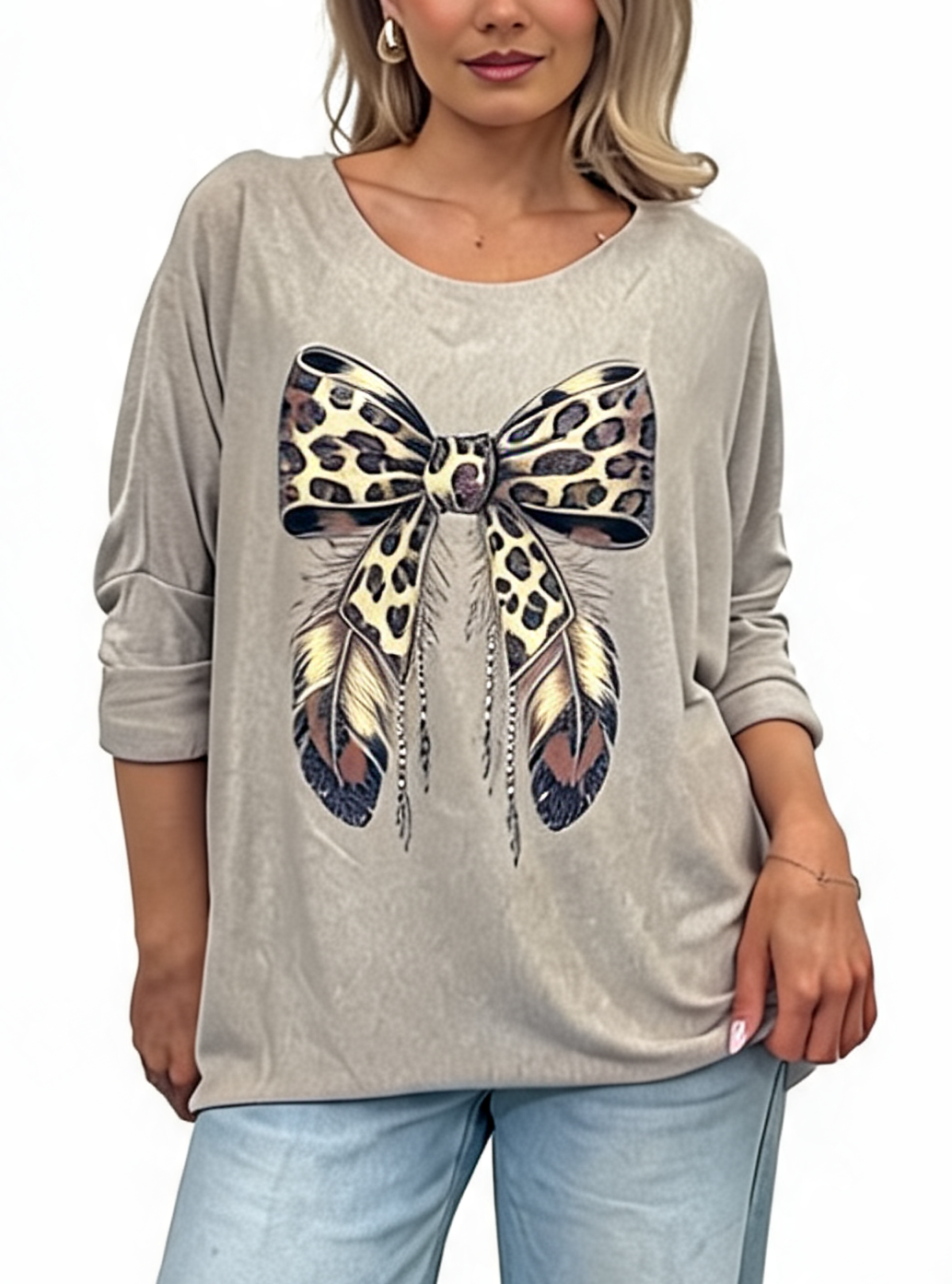 Leopard Print Bow Graphic Relaxed Batwing Sleeve Tee with Feather and Bead Detail