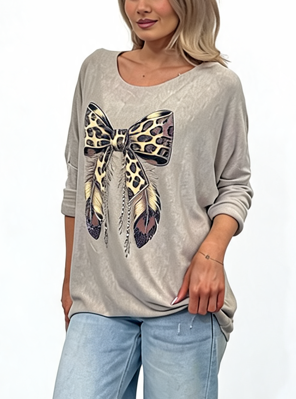 Leopard Print Bow Graphic Relaxed Batwing Sleeve Tee with Feather and Bead Detail