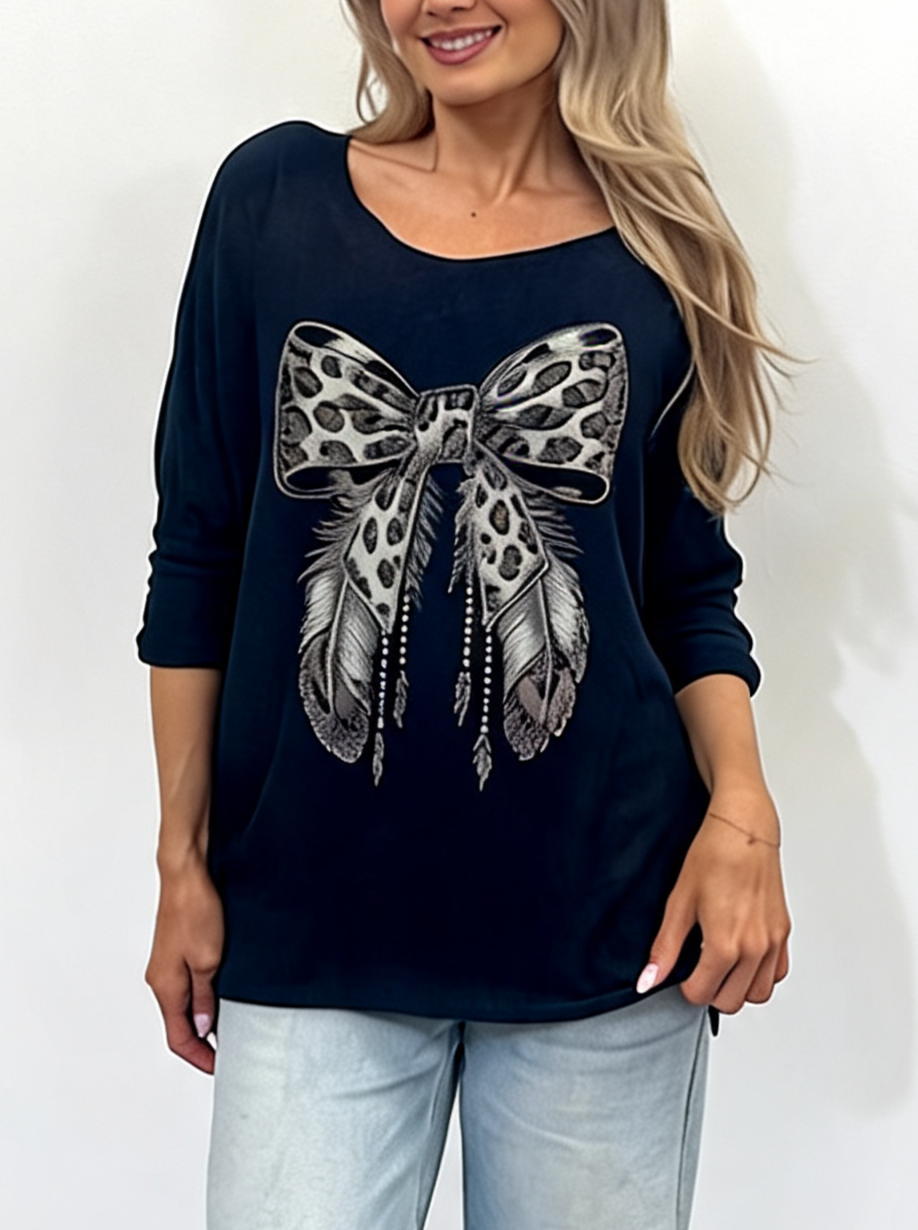 Leopard Print Bow Graphic Relaxed Batwing Sleeve Tee with Feather and Bead Detail