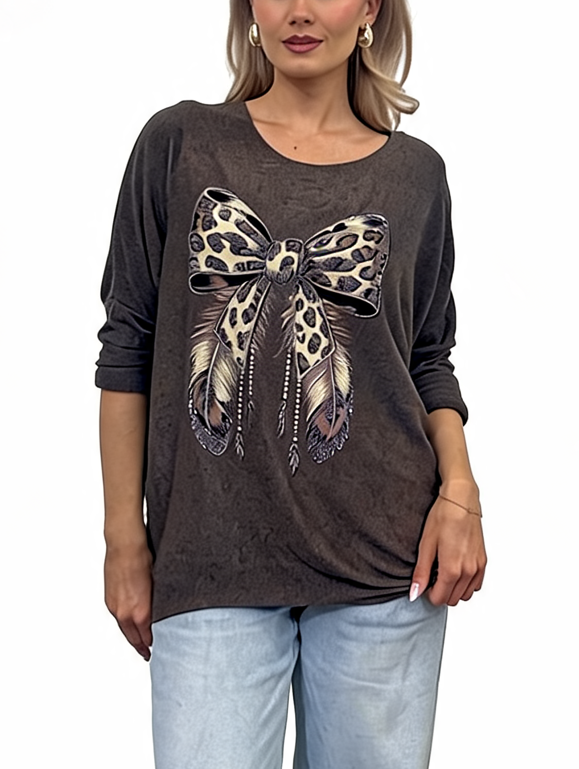 Leopard Print Bow Graphic Relaxed Batwing Sleeve Tee with Feather and Bead Detail
