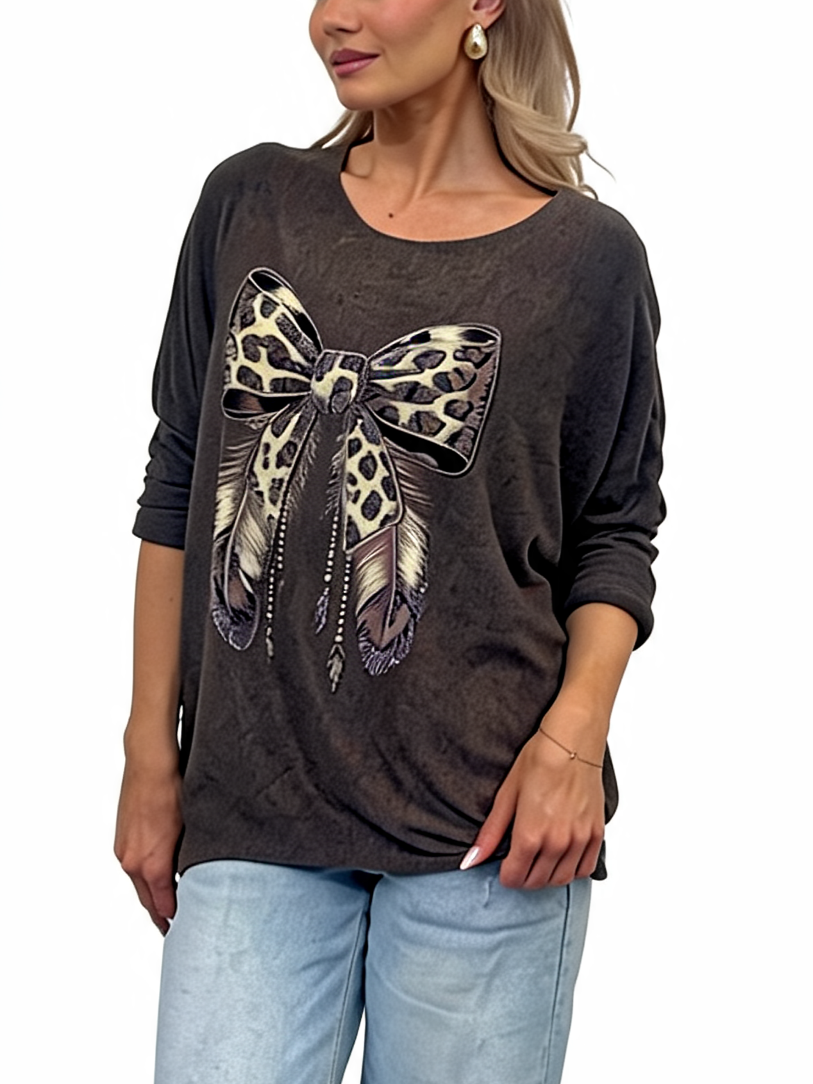 Leopard Print Bow Graphic Relaxed Batwing Sleeve Tee with Feather and Bead Detail