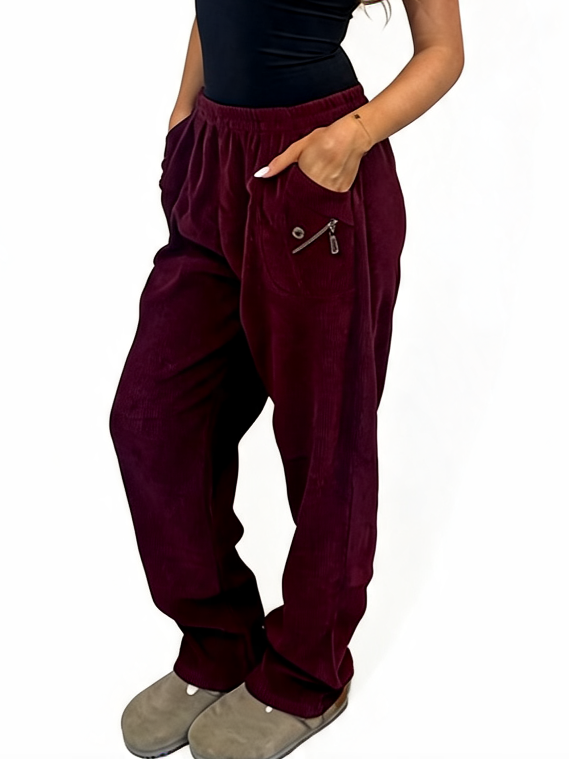 Ribbed High-Waist Comfy Elasticated Waist Lounge Pants with Zip Pocket Detail