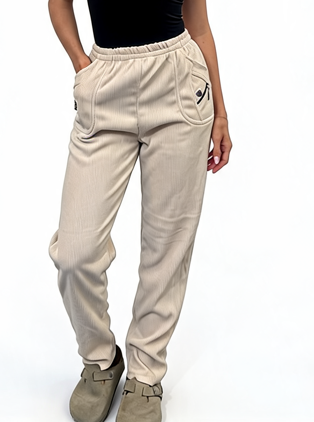 Ribbed High-Waist Comfy Elasticated Waist Lounge Pants with Zip Pocket Detail