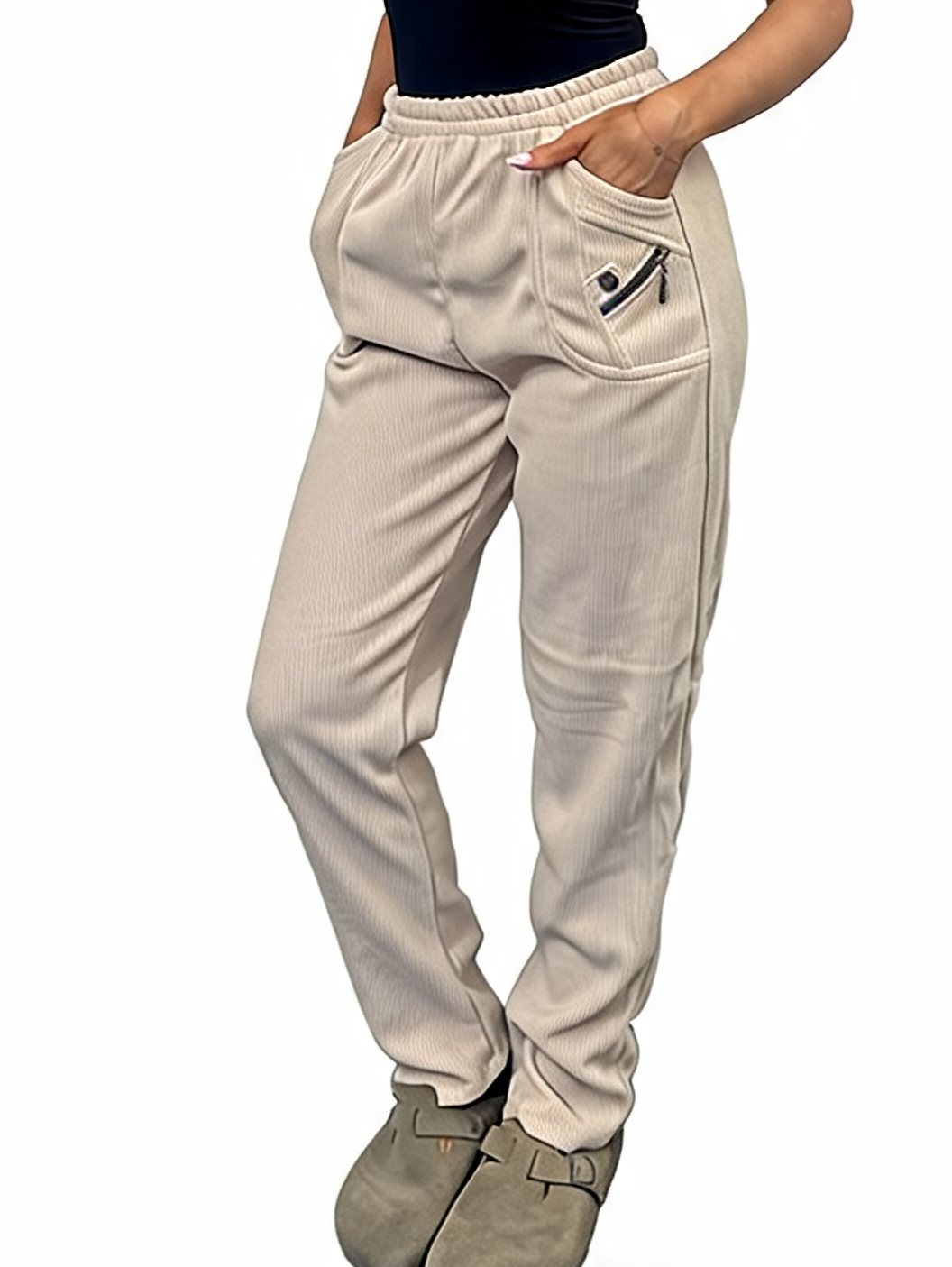 Ribbed High-Waist Comfy Elasticated Waist Lounge Pants with Zip Pocket Detail