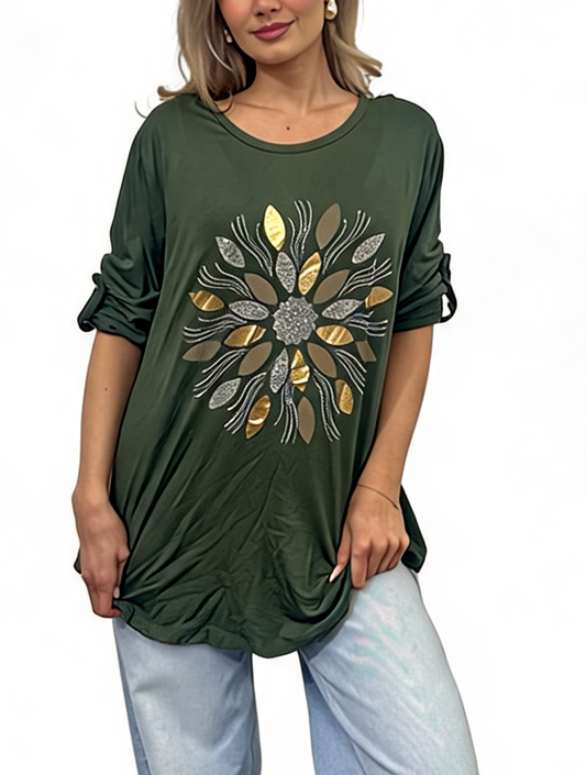 Metallic Leaf Mandala Graphic Tee with Foil and Glitter Detail Top