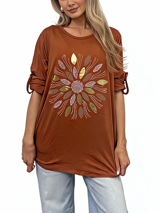 Metallic Leaf Mandala Graphic Tee with Foil and Glitter Detail Top