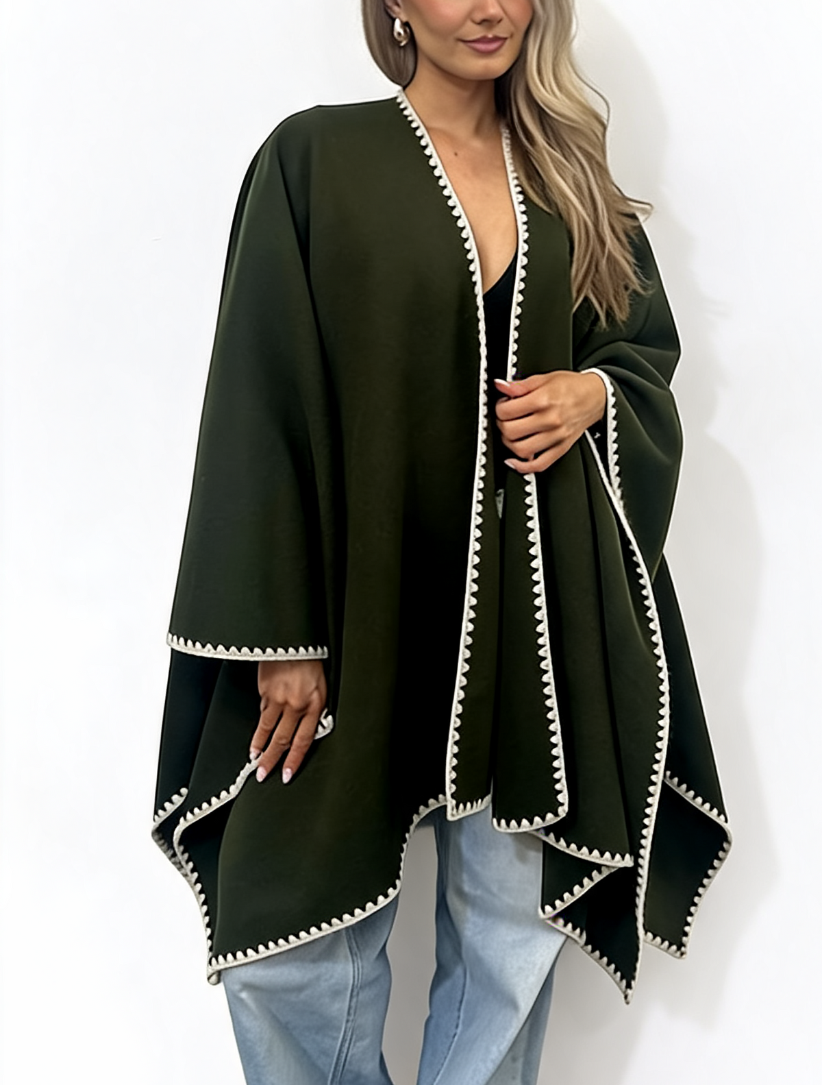 Open-Front Wrap Oversized Cosy Shawl with Contrast Whipstitch Edging