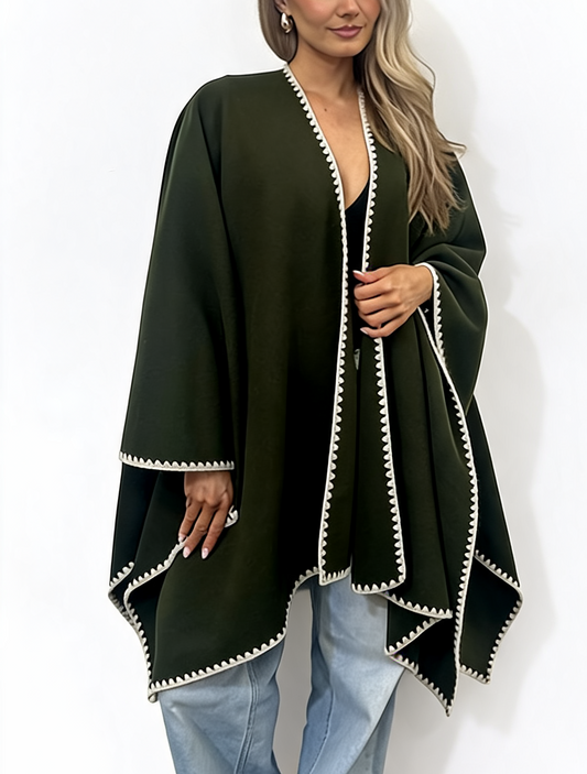 Open-Front Wrap Oversized Cosy Shawl with Contrast Whipstitch Edging