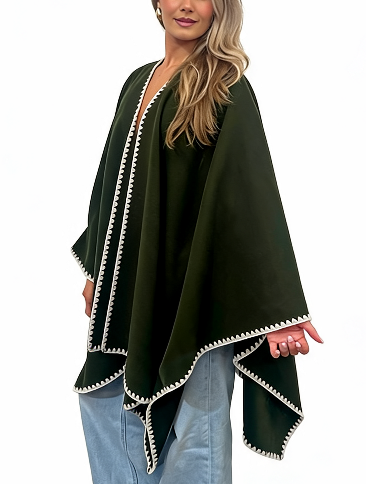Open-Front Wrap Oversized Cosy Shawl with Contrast Whipstitch Edging