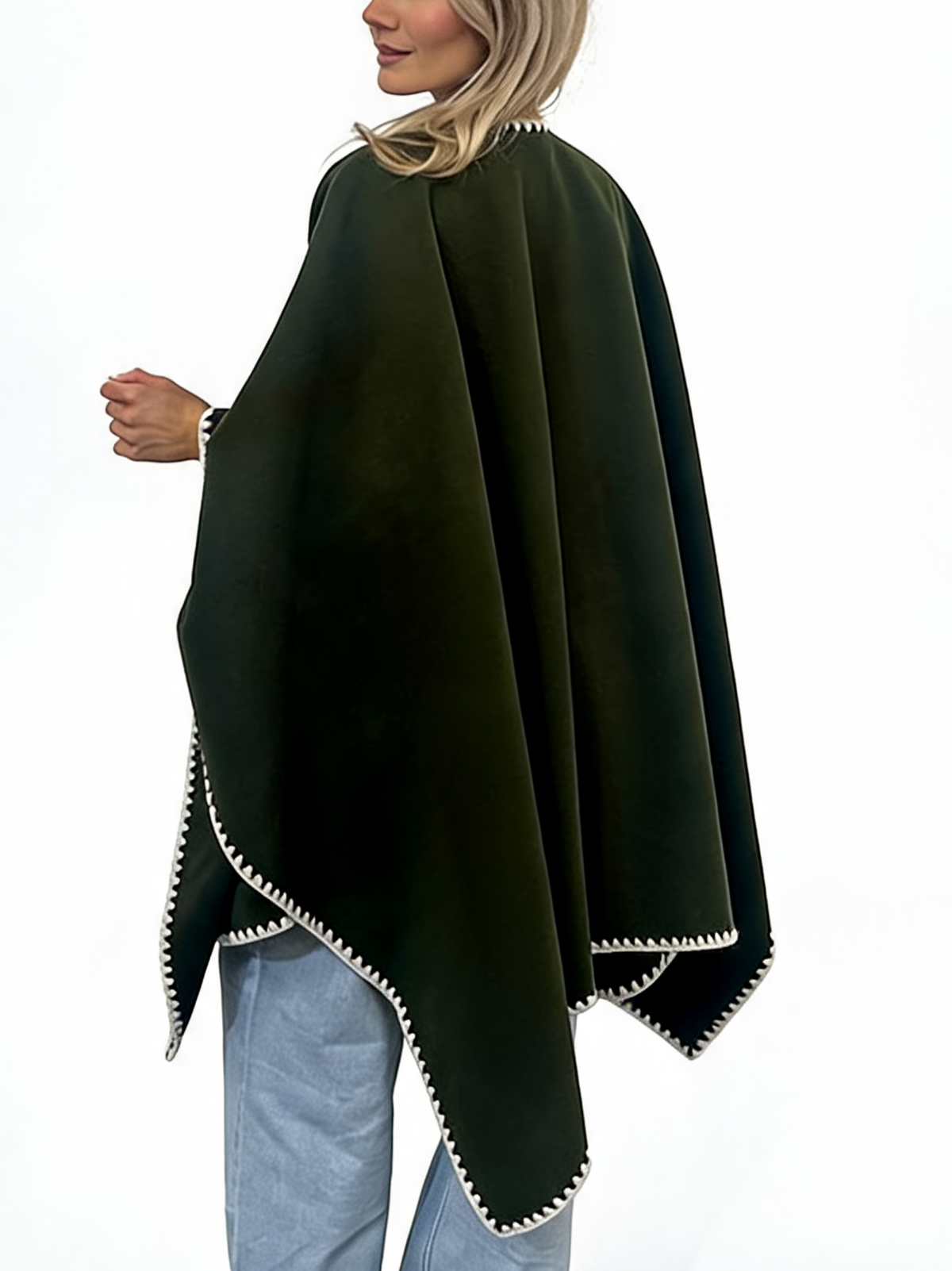 Open-Front Wrap Oversized Cosy Shawl with Contrast Whipstitch Edging