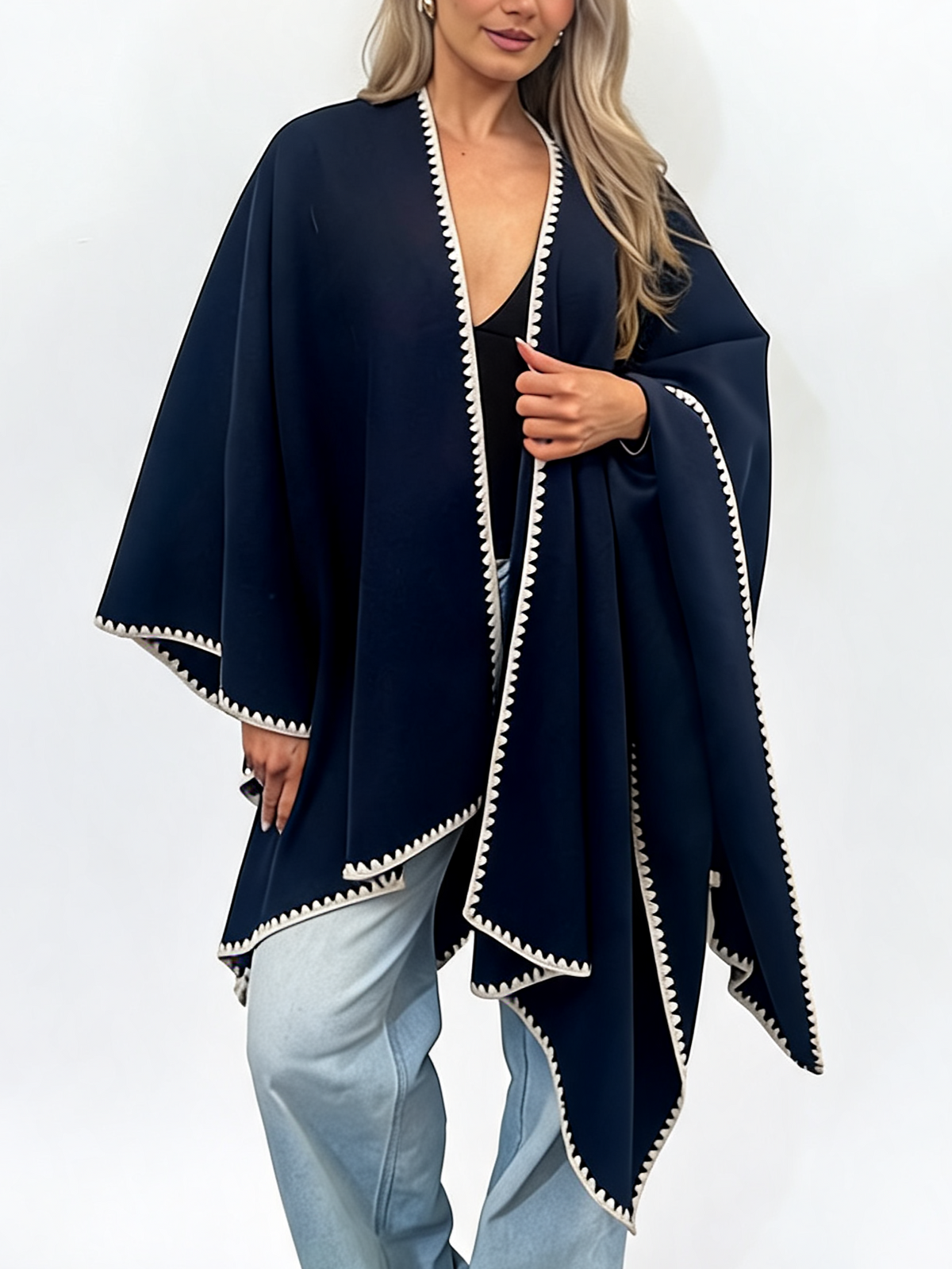 Open-Front Wrap Oversized Cosy Shawl with Contrast Whipstitch Edging