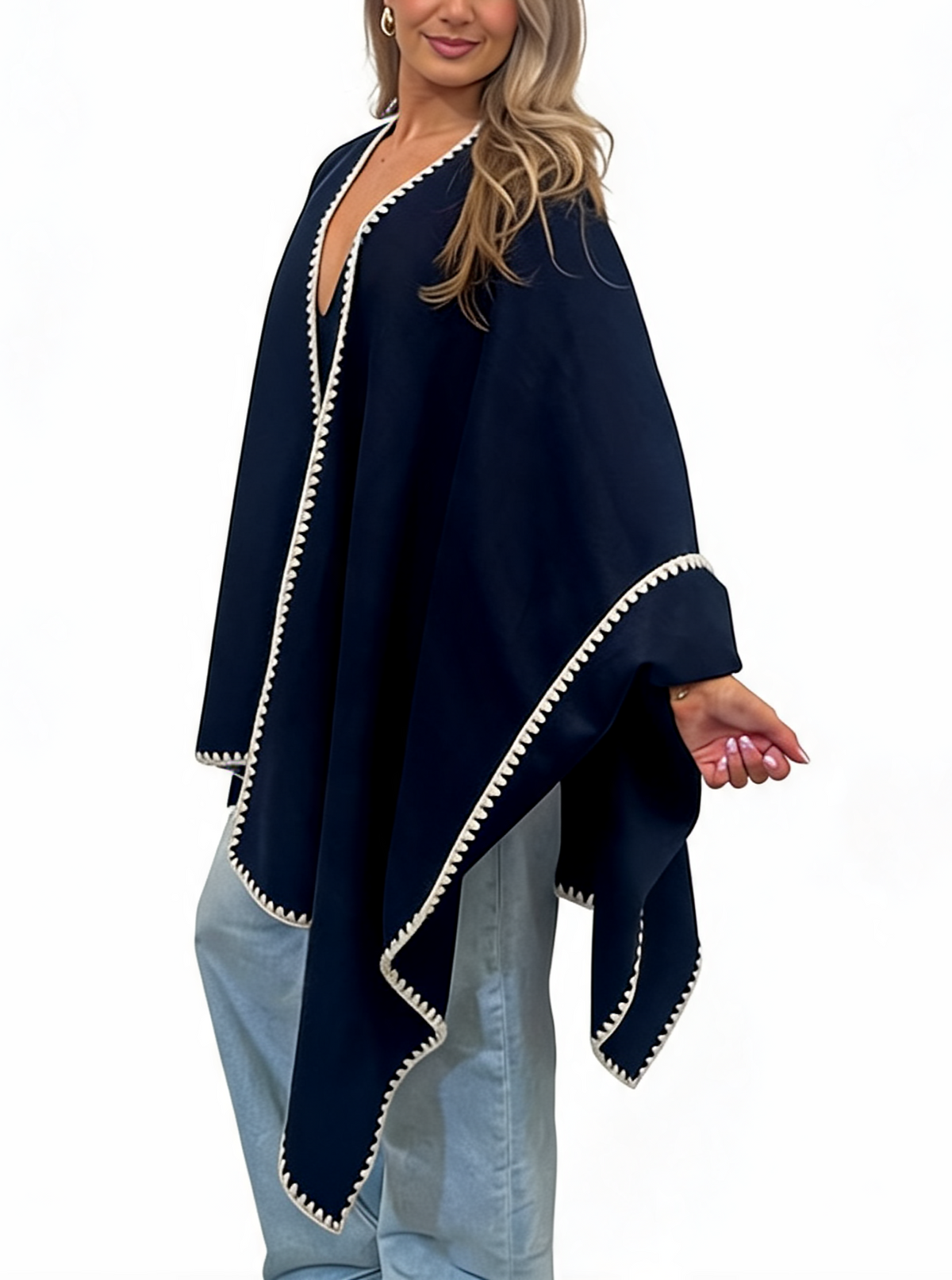 Open-Front Wrap Oversized Cosy Shawl with Contrast Whipstitch Edging