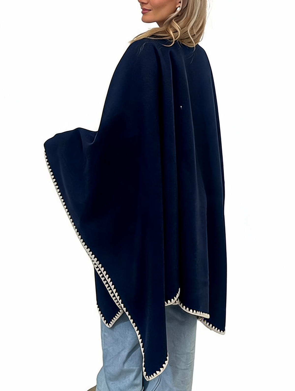 Open-Front Wrap Oversized Cosy Shawl with Contrast Whipstitch Edging