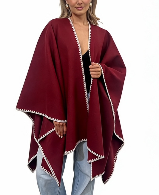 Open-Front Wrap Oversized Cosy Shawl with Contrast Whipstitch Edging