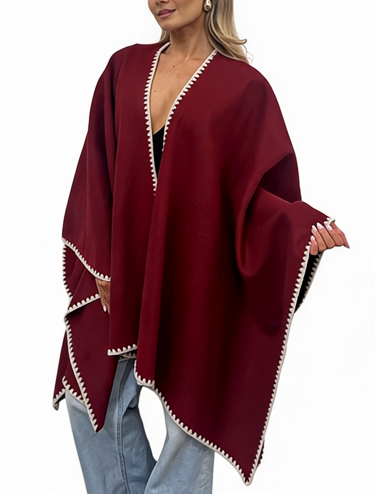 Open-Front Wrap Oversized Cosy Shawl with Contrast Whipstitch Edging