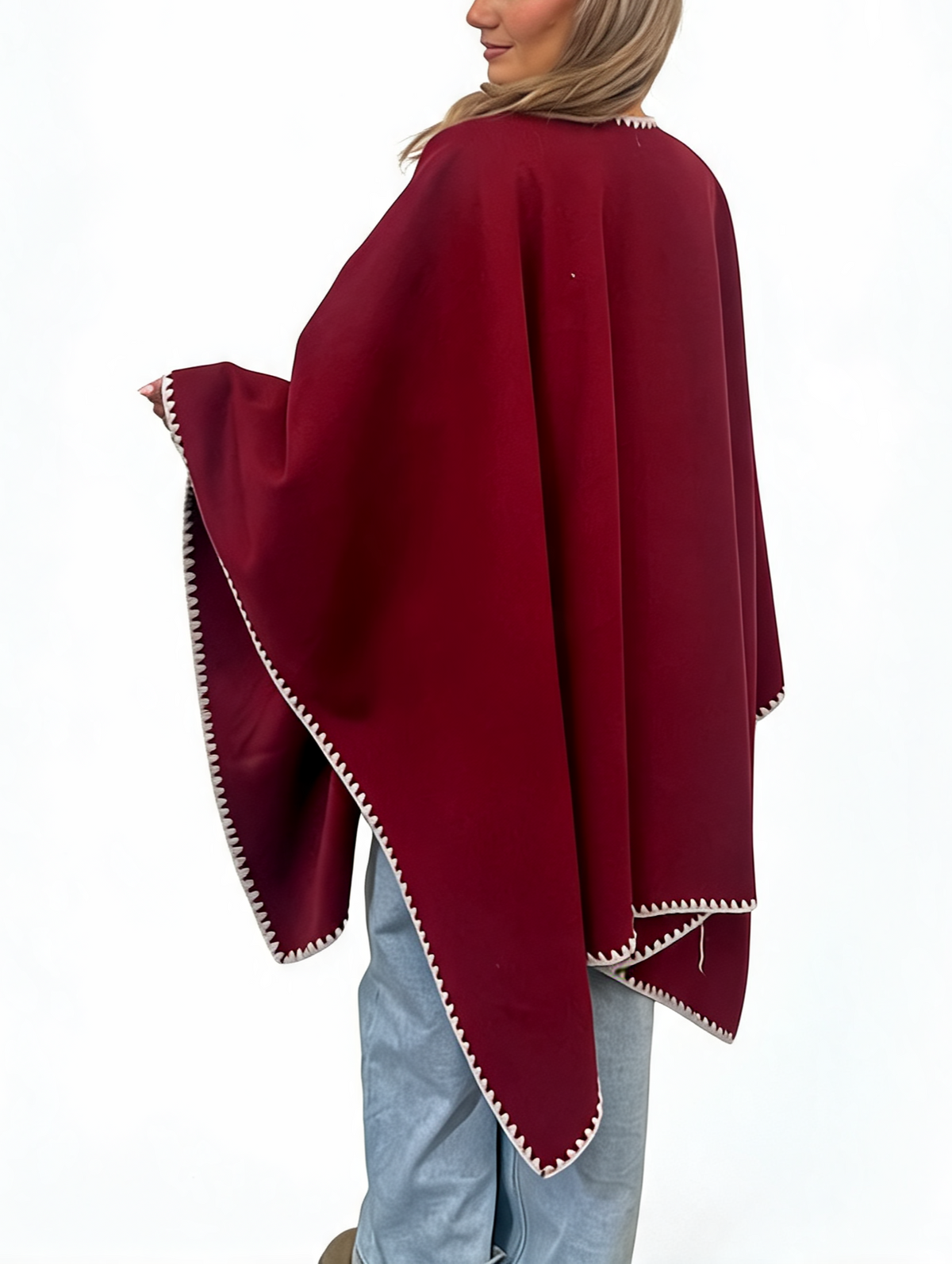 Open-Front Wrap Oversized Cosy Shawl with Contrast Whipstitch Edging