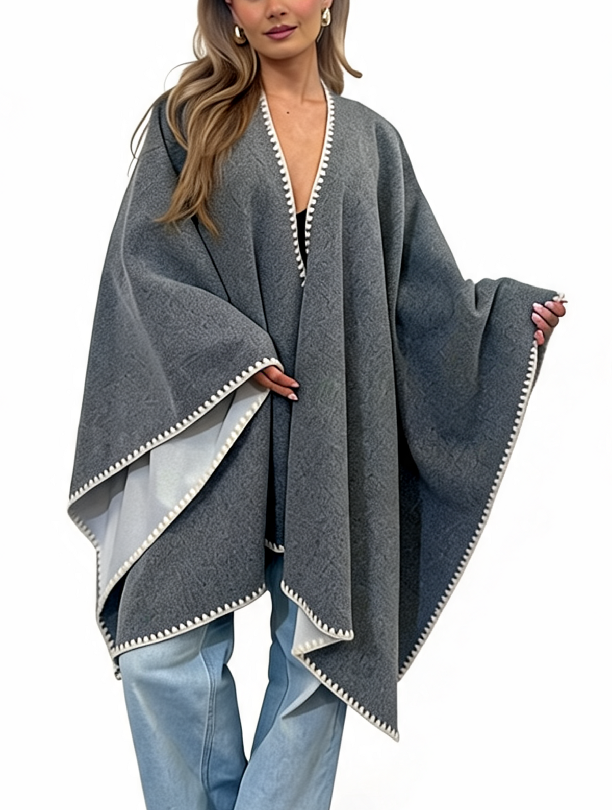 Open-Front Wrap Oversized Cosy Shawl with Contrast Whipstitch Edging