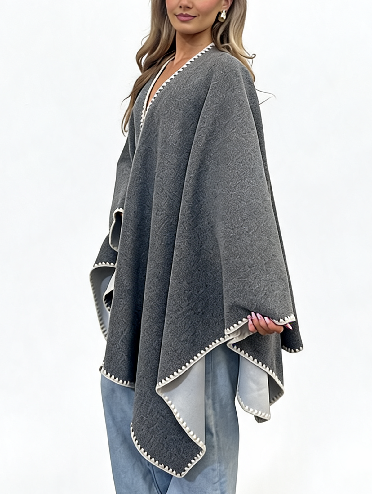 Open-Front Wrap Oversized Cosy Shawl with Contrast Whipstitch Edging
