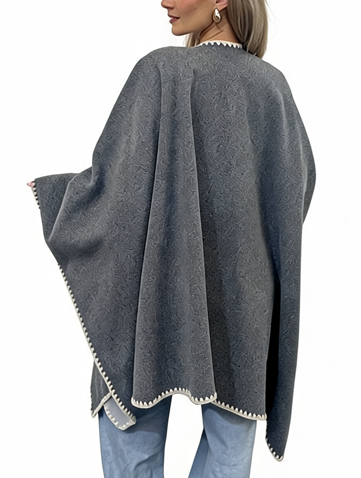 Open-Front Wrap Oversized Cosy Shawl with Contrast Whipstitch Edging