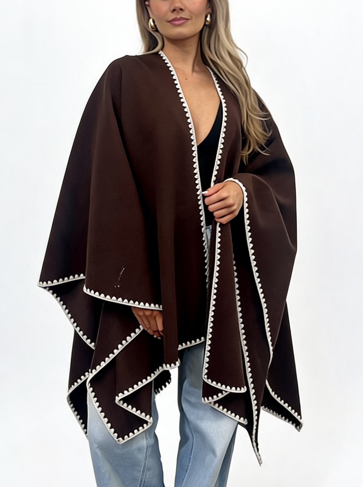Open-Front Wrap Oversized Cosy Shawl with Contrast Whipstitch Edging