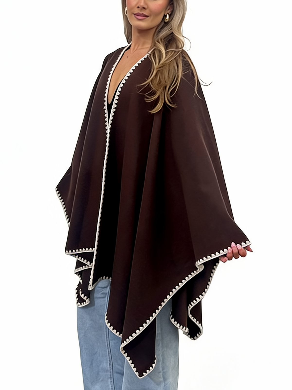 Open-Front Wrap Oversized Cosy Shawl with Contrast Whipstitch Edging