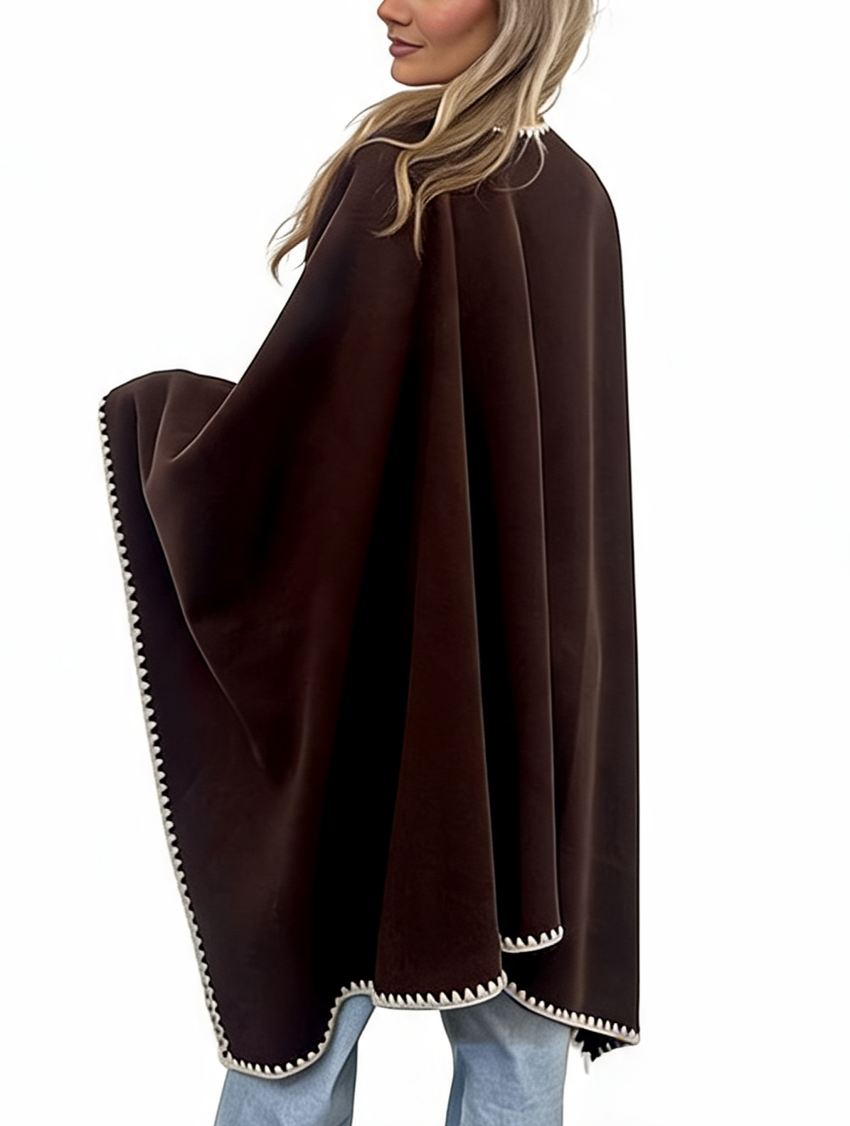 Open-Front Wrap Oversized Cosy Shawl with Contrast Whipstitch Edging