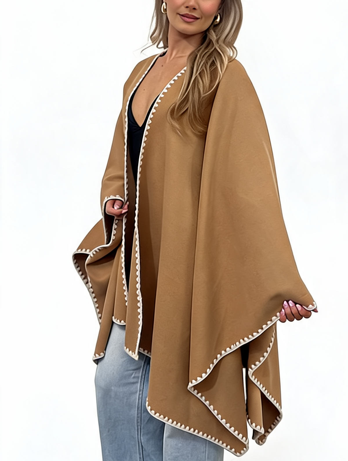 Open-Front Wrap Oversized Cosy Shawl with Contrast Whipstitch Edging