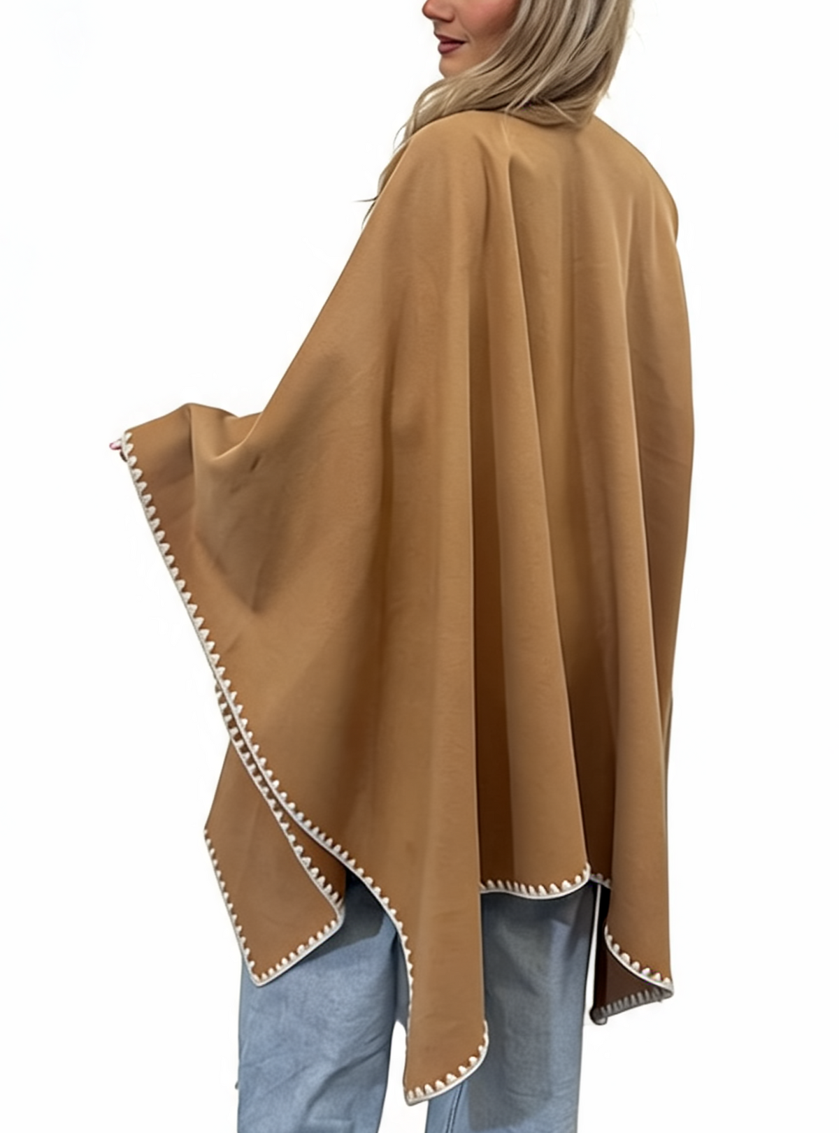 Open-Front Wrap Oversized Cosy Shawl with Contrast Whipstitch Edging