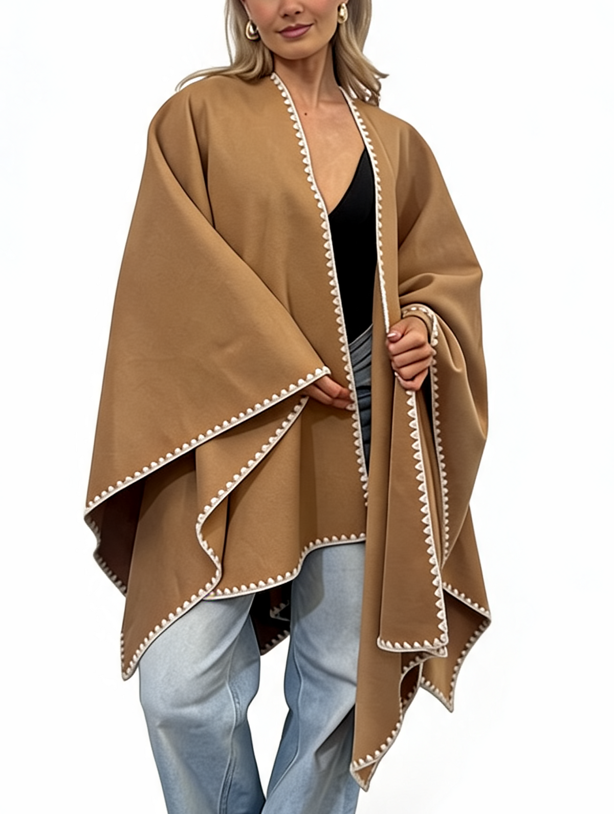 Open-Front Wrap Oversized Cosy Shawl with Contrast Whipstitch Edging