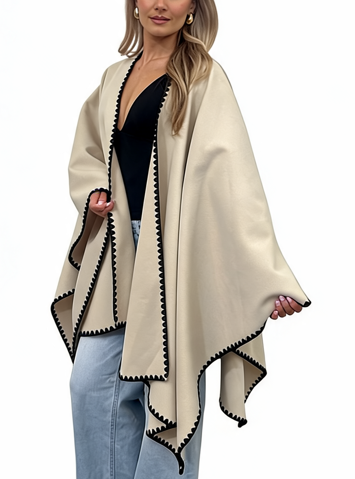 Open-Front Wrap Oversized Cosy Shawl with Contrast Whipstitch Edging