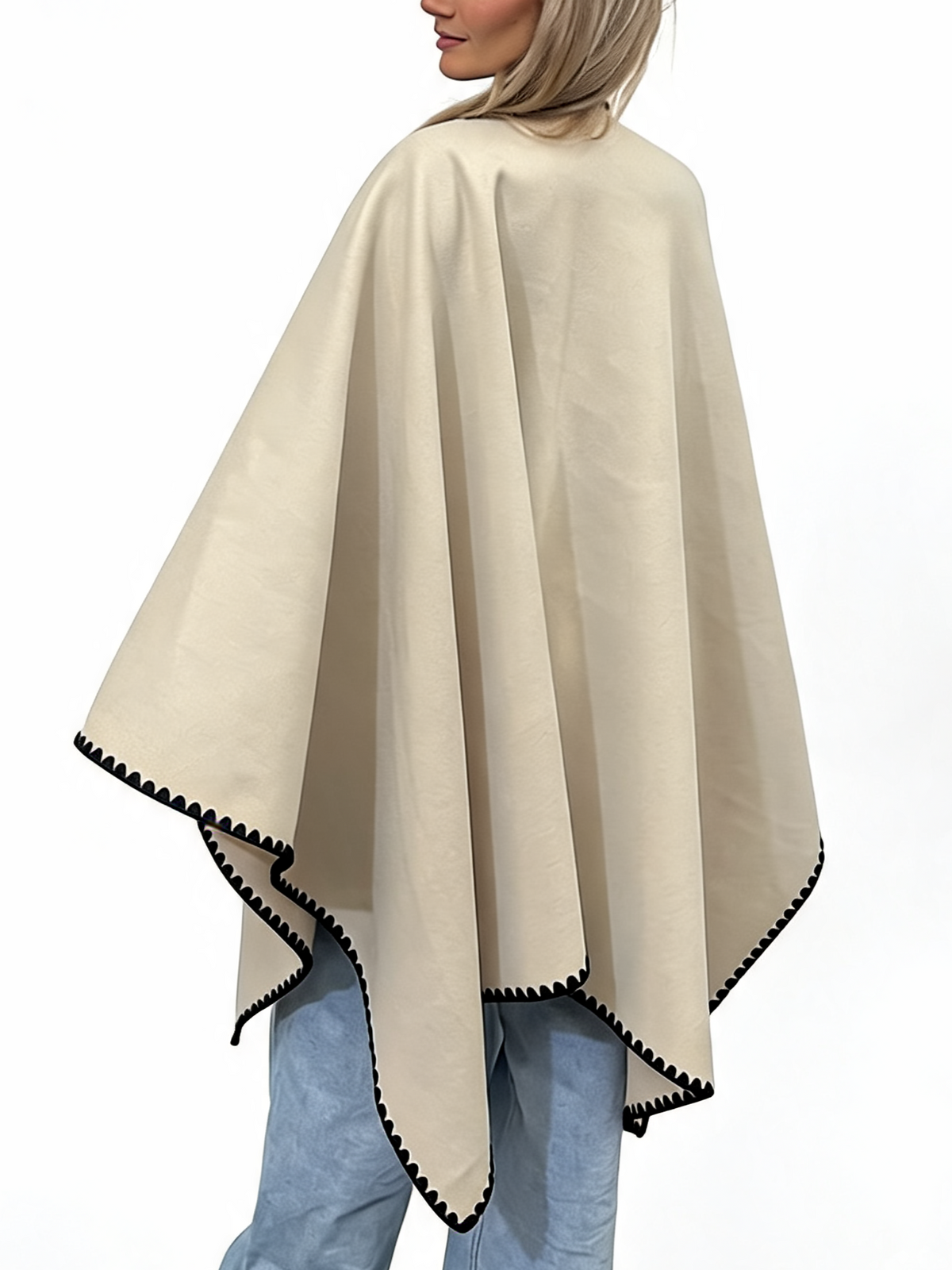 Open-Front Wrap Oversized Cosy Shawl with Contrast Whipstitch Edging